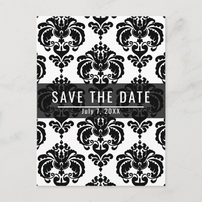 Schwarz & Weiß Damask Chic Wedding Save the Date Ankündigungspostkarte (Vorderseite)