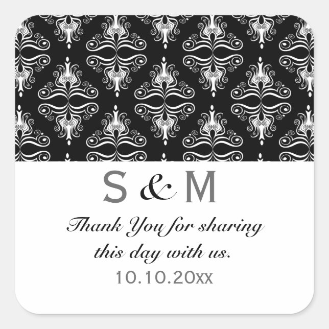 Schwarz-weiß Damask Danke Mongram Wedding Quadratischer Aufkleber (Vorderseite)