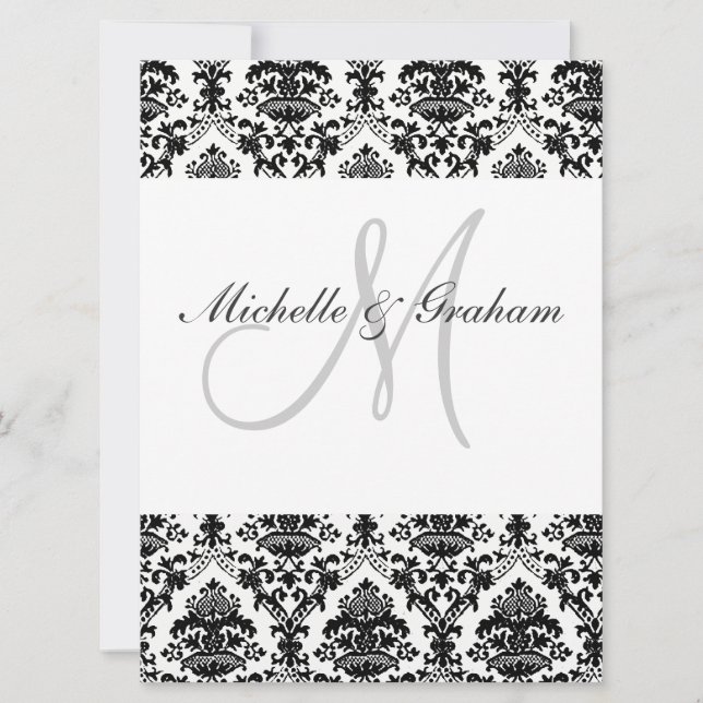 Schwarz-Weiß Damask Elegante Hochzeit Einladung (Vorderseite)