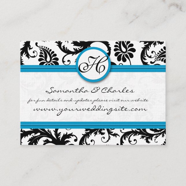 Schwarz-Weiß Damask Floral mit heller Aqua Trimm Visitenkarte (Vorderseite)