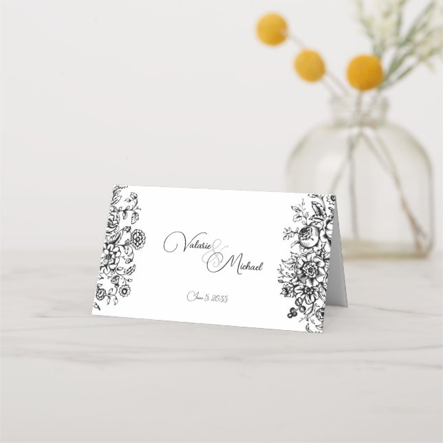 Schwarz-weiß Damask Floral Toile Platzkarte (Rückseite)