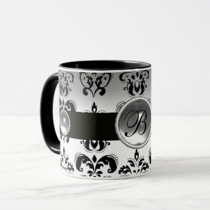 SCHWARZ-WEISS DAMASK GEMSTONE MONOGRAMM TASSE