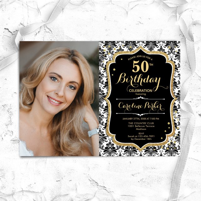 Schwarz-weiß Damask Gold Foto 50. Geburtstag Einladung (Von Creator hochgeladen)
