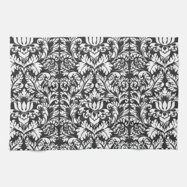 Schwarz-weiß Damask Lace Brocade Geschirrtuch (Horizontal)