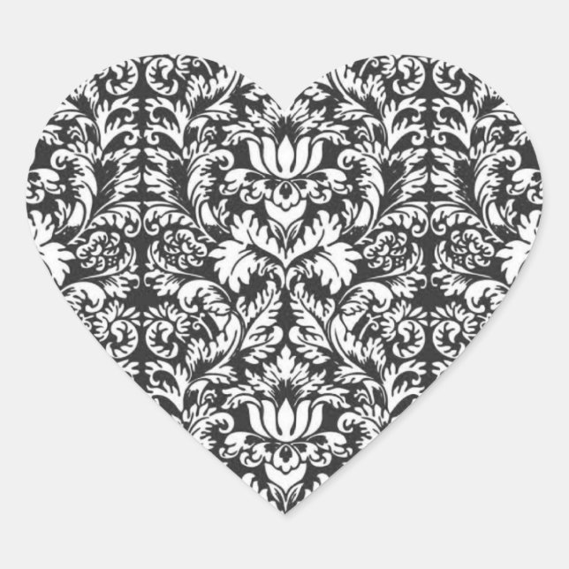 Schwarz-weiß Damask Lace Brocade Herz-Aufkleber (Vorderseite)