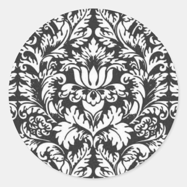 Schwarz-weiß Damask Lace Brocade Runder Aufkleber (Vorderseite)