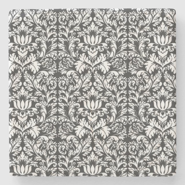 Schwarz-weiß Damask Lace Brocade Steinuntersetzer (Vorderseite)