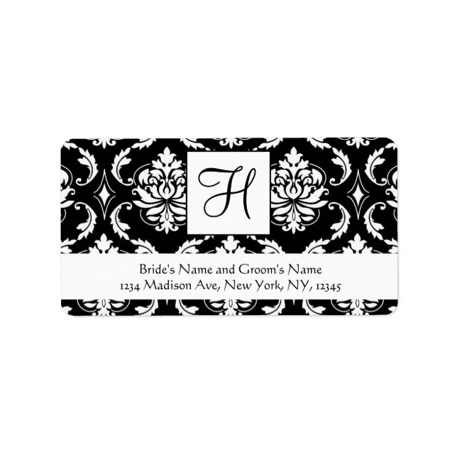 Schwarz-weiß Damask Monogram Wedding Address Label Adressaufkleber (Vorne)
