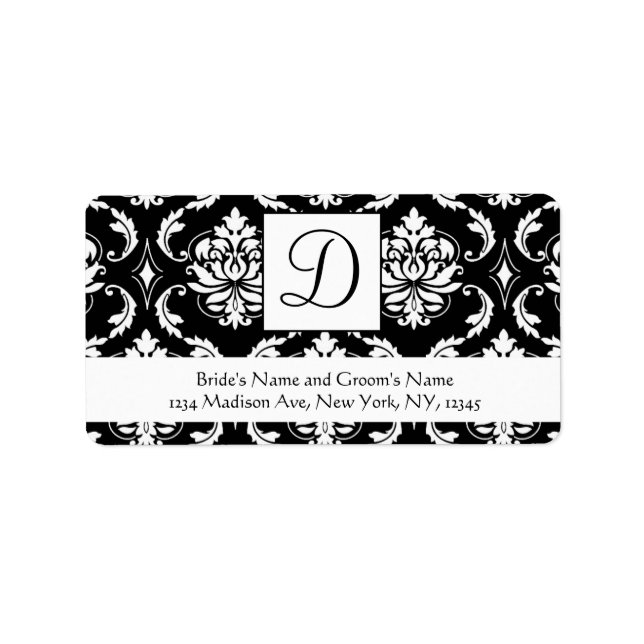 Schwarz-weiß Damask Monogram Wedding Address Label Adressaufkleber (Vorne)