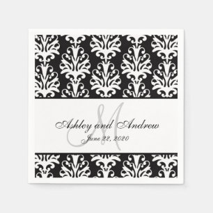Schwarz-weiß Damask Monogram Wedding Paper Napkins Serviette