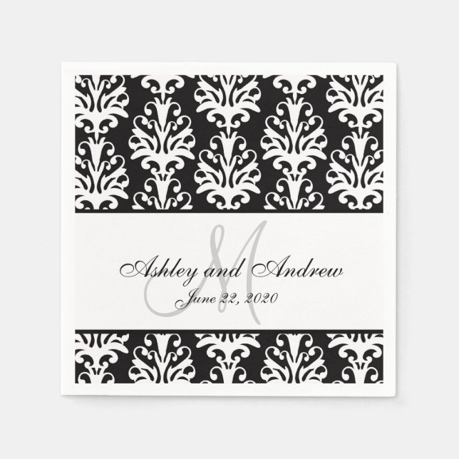 Schwarz-weiß Damask Monogram Wedding Paper Napkins Serviette (Vorderseite)