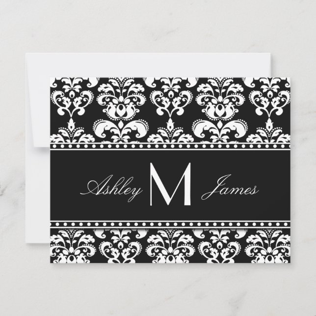 Schwarz-weiß Damask Monogram Wedding RSVP Cards (Vorderseite)