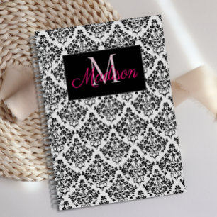 Schwarz-weiß Damask Niedlich Girly Trendy Monogram Planer