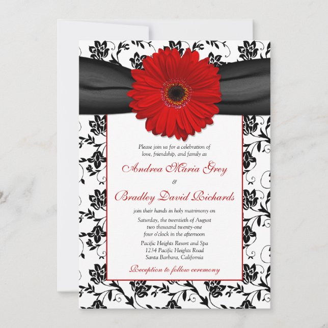 Schwarz-weiß Damask Red Daisy Wedding Einladung (Vorderseite)