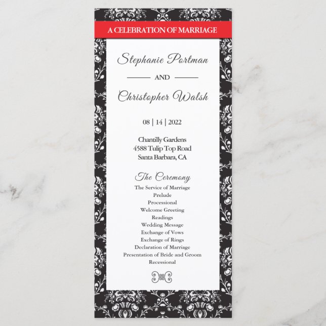 Schwarz-weiß Damask Red Ribbon Wedding Program Programm (Vorderseite)