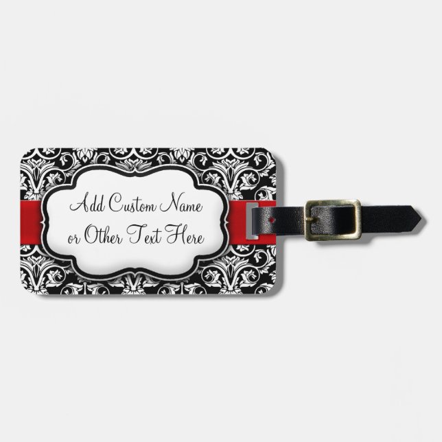 Schwarz/Weiß Damask Rotes Band Gepäckanhänger (Vorderseite horizontal)