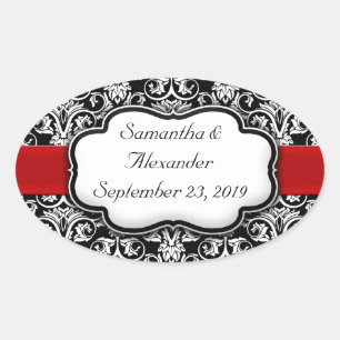 Schwarz/Weiß Damask Rotes Band Ovaler Aufkleber