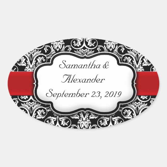 Schwarz/Weiß Damask Rotes Band Ovaler Aufkleber (Vorderseite)