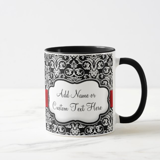 Schwarz/Weiß Damask Rotes Band Tasse (Rechts)