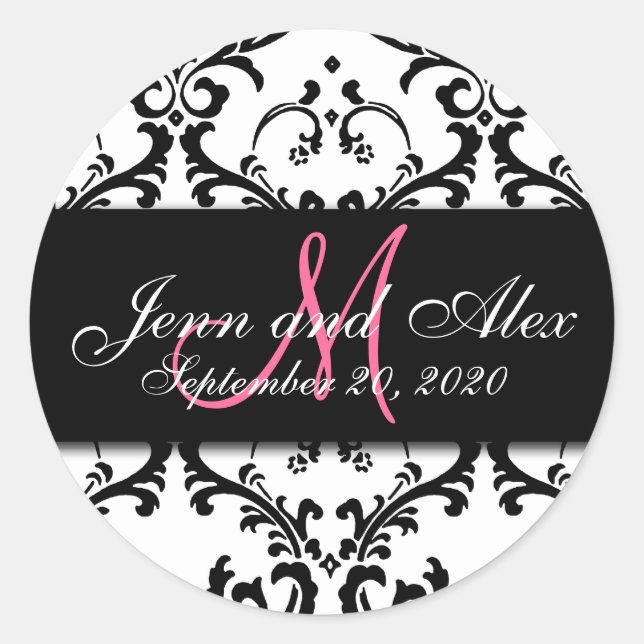 Schwarz-weiß Damask Save the Date Aufkleber (Vorderseite)