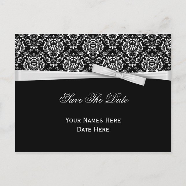 Schwarz-weiß Damask Silver Bow Ribbon Save the Dat Ankündigungspostkarte (Vorderseite)