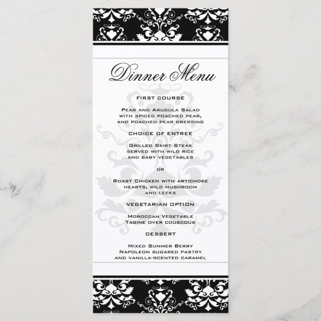 Schwarz/Weiß Damask Sliema Abendmenü Menükarte (Vorderseite)