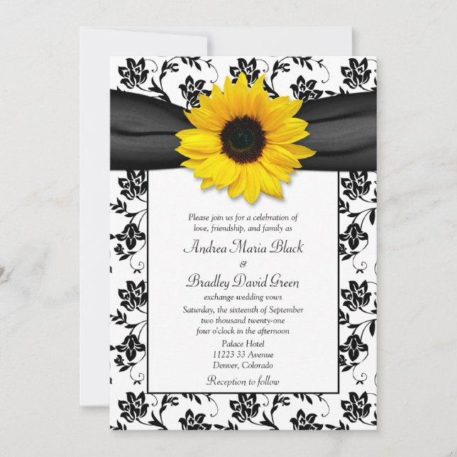 Schwarz-weiß Damask Sonnenblumen Einladung (Vorderseite)