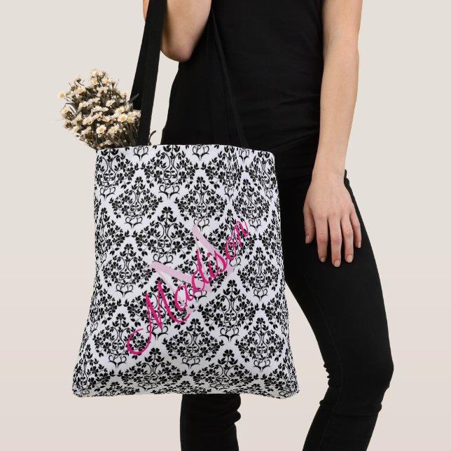 Schwarz-weiß Damask Trendy Niedlich Girenname Mono Tasche (Von Nahem)