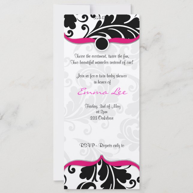 Schwarz-Weiß Damask Twin Babydusche mit rosa Einladung (Vorderseite)