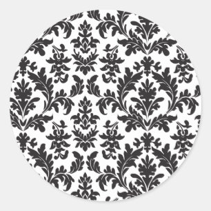 Schwarz-Weiß-Damask-Vintage-Blumenhochzeit Runder Aufkleber