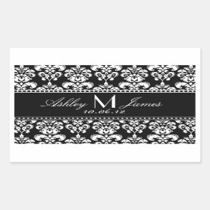 Schwarz-weiß Damask Wedding Wine Label Rechteckiger Aufkleber