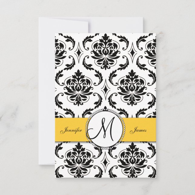 Schwarz-weiß Damask Yellow Wedding RSVP Karte (Vorderseite)