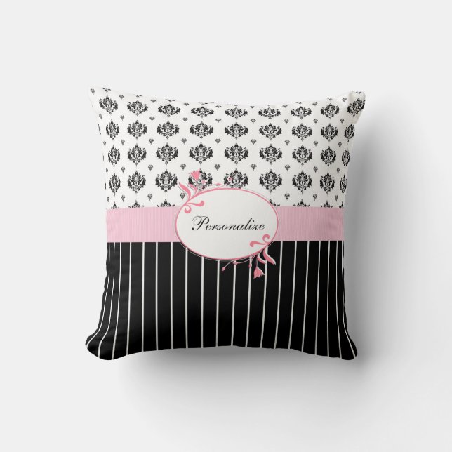 Schwarz-Weiß Damaskus Chic Rosa Blüte mit Namen Kissen (Vorderseite)