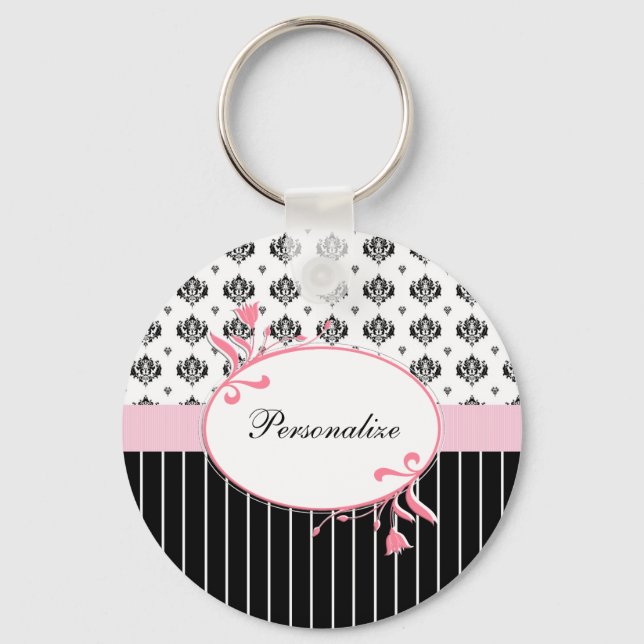 Schwarz-Weiß Damaskus Chic Rosa Blüte mit Namen Schlüsselanhänger (Vorderseite)