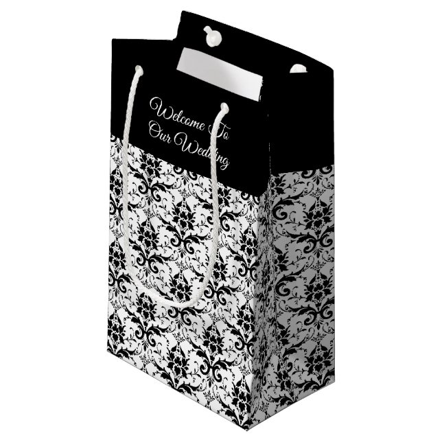 Schwarz-Weiß-Damaskus-Druck - Hochzeitsgeschenktas Kleine Geschenktüte (Vorderseite Schrägansicht)