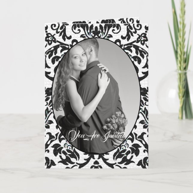 Schwarz-Weiß-Damaskus-Foto Bi-fold Wedding Einladung (Vorderseite)