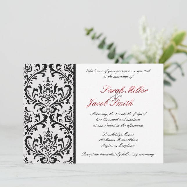 Schwarz-Weiß-Damaskus-Hochzeit Einladung (Stehend Vorderseite)
