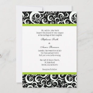 Schwarz-Weiß-Damaskus-Hochzeitsempfehlung mit grün Einladung