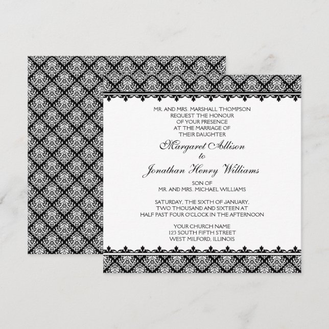 Schwarz-Weiß-Damast 1 Einladung (Vorne/Hinten)