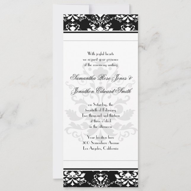 Schwarz-Weiß-Damast-Einladung zur Hochzeit Einladung (Vorderseite)