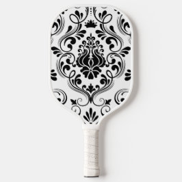 Schwarz-Weiß-Damast-Flora Pickleball Schläger