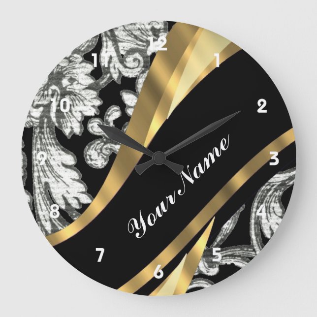 Schwarz-Weiß-Damast Große Wanduhr (Vorderseite)