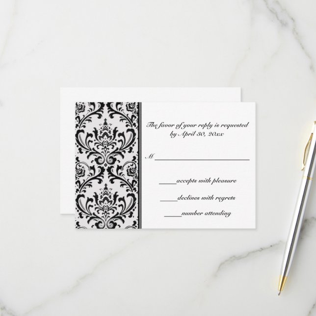 Schwarz-Weiß-Damast | Hochzeit RSVP Karte (Vorderseite/Rückseite Beispiel)