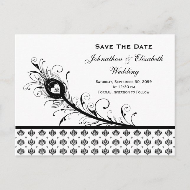 Schwarz-Weiß-Damast-Hochzeit Save the Date Ankündigungspostkarte (Vorderseite)