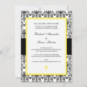 Schwarz-Weiß-Damast Hochzeitsempfang - gelb Einladung
