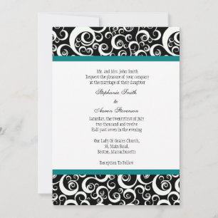 Schwarz-Weiß-Damast-Hochzeitsempfang mit Aquamarin Einladung