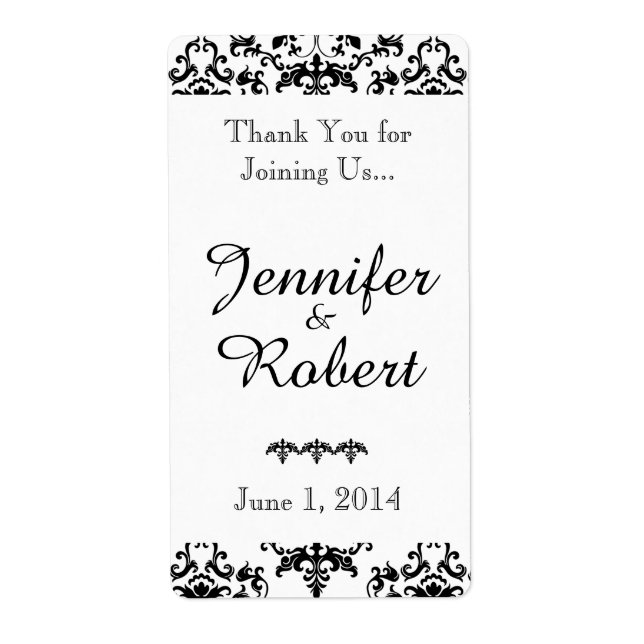 Schwarz-Weiß-Damast-Hochzeitsweinetikett (Vorne)