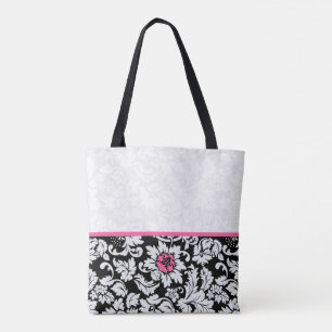 Schwarz-Weiß-Damast mit rosa Blume Tasche