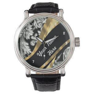 Schwarz-Weiß-Damast-Muster Armbanduhr