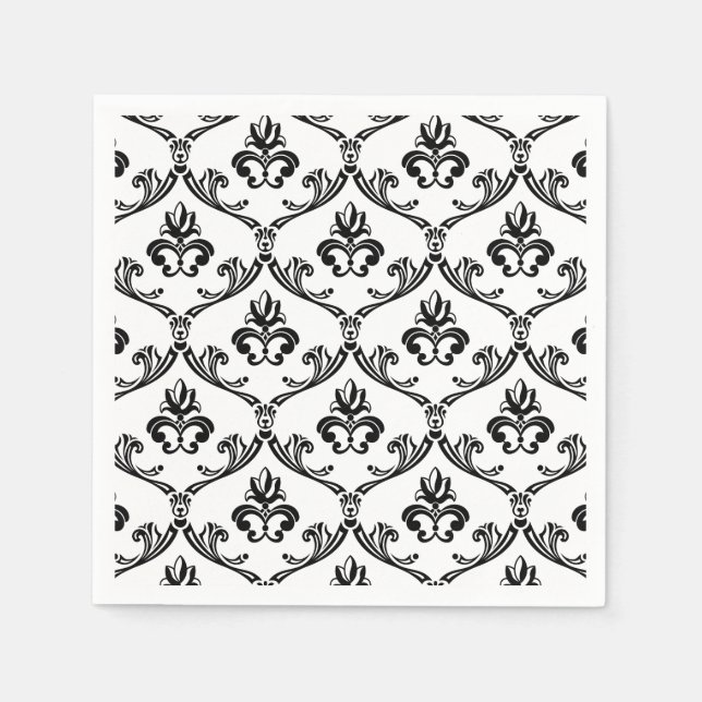 Schwarz-Weiß-Damast-Muster florale Napkins Serviette (Vorderseite)